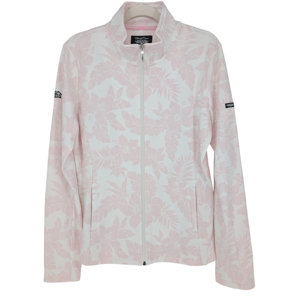 Straight Down Swing Full Zip Golf Jacket Womens L Pink Floral Ribbed Wool Blend
